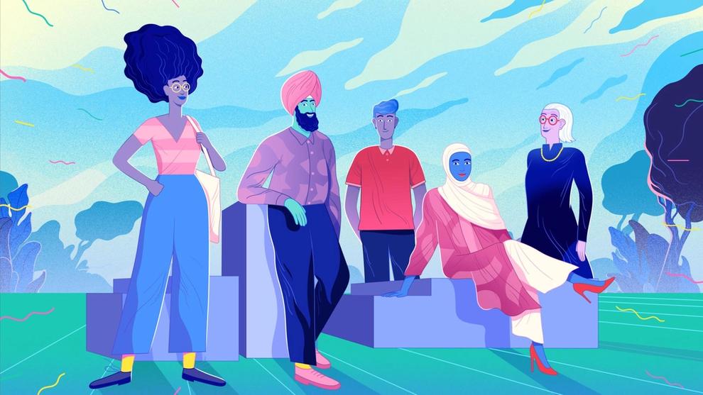 An illustration of three women and two men from multicultural backgrounds together against a landscape background