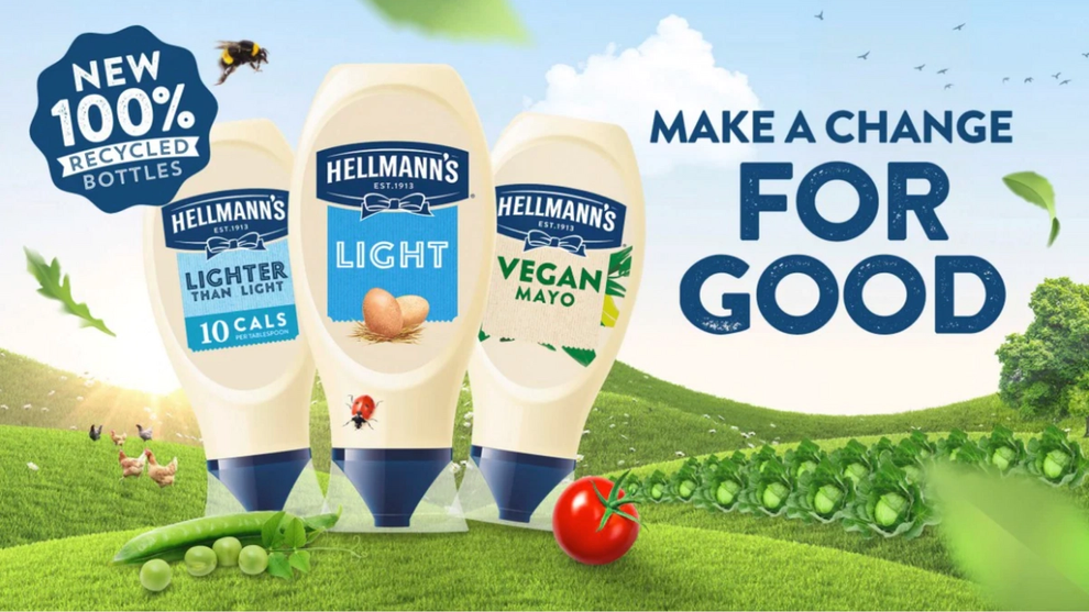 Image shows three Hellmann’s mayonnaise bottles on top of an animated green hill