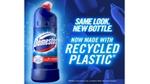 blue Domestos 750ml bleach bottle. Same look. New bottle. Now made with recycled plastic