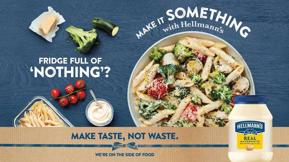Overhead view of ingredients and a finished pasta salad dinner using Hellmann’s mayonnaise