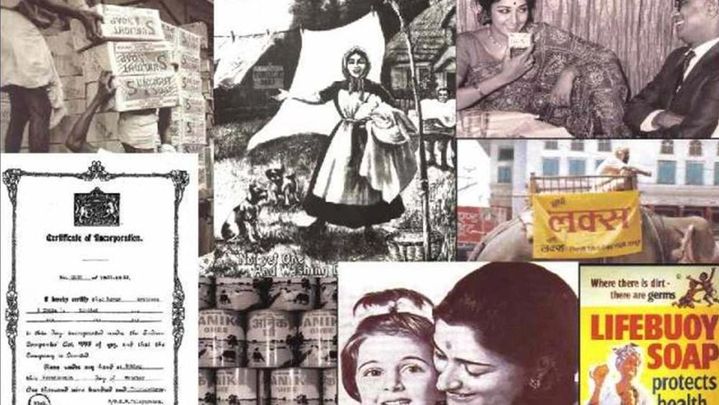 A collage of images that represent HUl’s history including a certificate of incorporation, products and ad campaigns. 