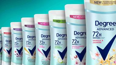 A line-up of Degree 72-hour deodorant cans.