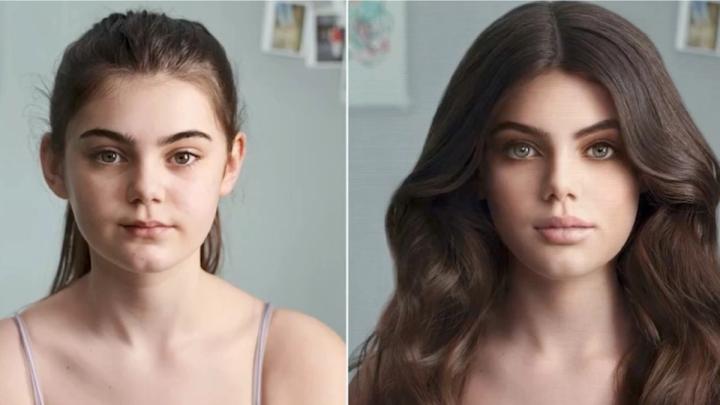 An image from Dove’s Reverse Selfie campaign. One half of a girl’s face is natural, the other is airbrushed. 