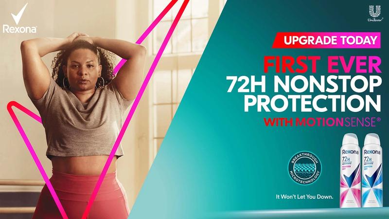 An image from a Rexona ad, featuring a woman exercising and cans of Rexona 72H MotionSense deodorant. Text reads: Upgrade today: First ever 72H non-stop protection with MotionSense