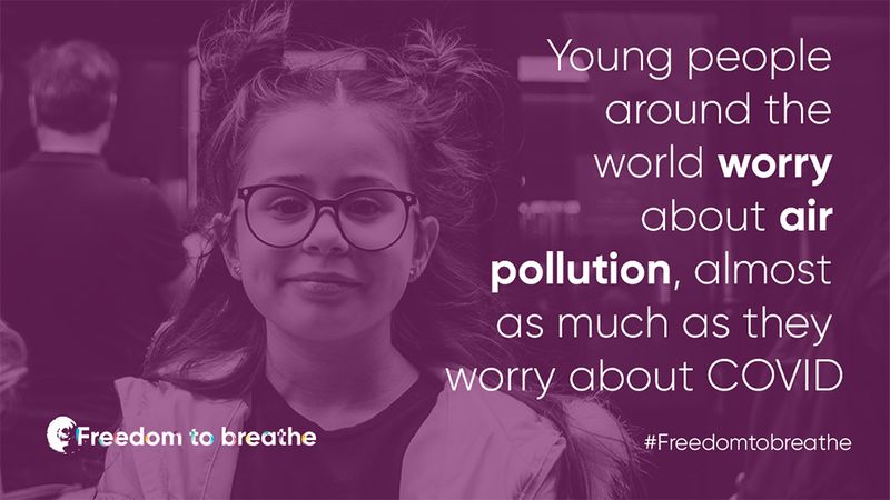 Text that reads: ‘Young people around the world worry about air pollution almost as much as they worry about Covid.’