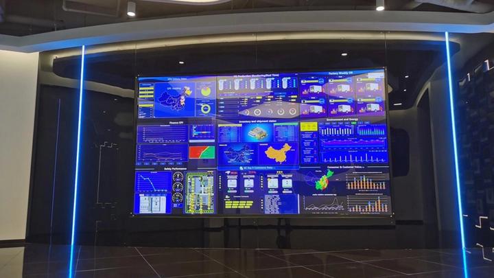 Digital screens at our Hefei site in China. These allowed workers to operate production lines remotely during Covid-19