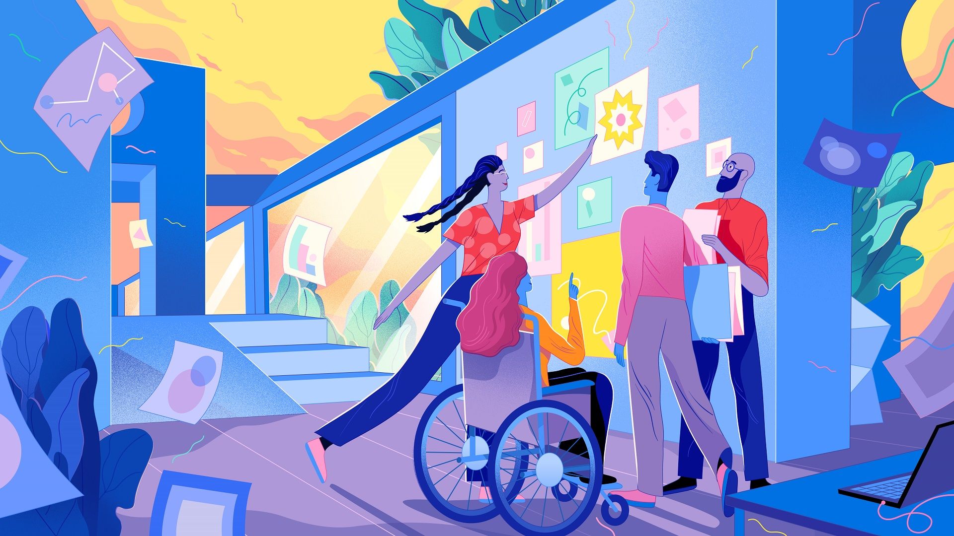 壁にポスターを張りながら話をしている人々のカラフルなイラスト