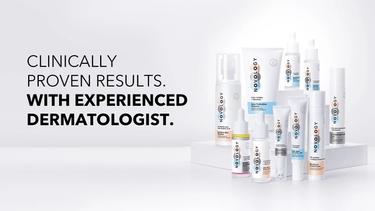 A group of products stacked together on right. Text on the left says, "Clinically proven products. With experienced dermatologists."