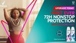 Rexona poster that says " First Ever 72H Nonstop Protection", two bottles of deodorant and a woman in sport clothing