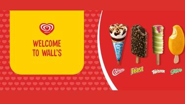 Cornetto, Feast, Twister, and Solero, with Wall's logo and 'Welcome to Wall's' text, on red and yellow background