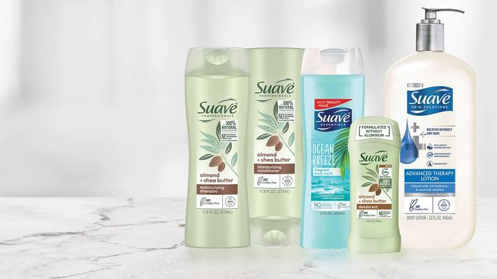 Bottles of Suave beauty products with PETA’s cruelty-free logo printed on packs