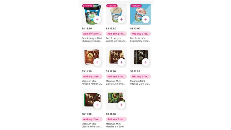 Food Panda home page featuring a set of adverts for various Unilever ice cream brands