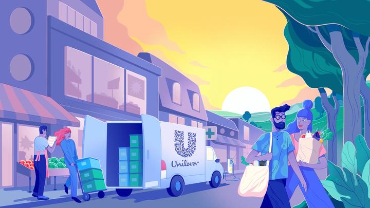 Яркая иллюстрация солнечной улицы, людей с покупками и работницы, разгружающей фургон с логотипом