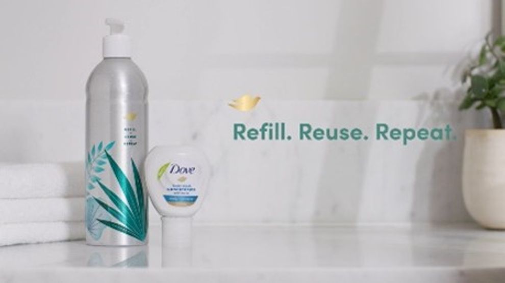 Dove’s new concentrated body wash which comes with a reusable aluminium bottle and small, recyclable refill bottles.