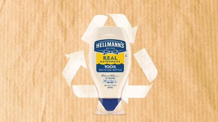 Hellmann’s 100% recycled bottle. All Hellmann’s mayonnaise plastic bottles globally are now made from 100% recycled plastic.