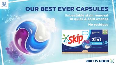 Skip’s plastic-free pack for its new laundry capsules, made 50% from recycled cardboard and 50% from materials from Forest Stewardship Council-certified forests.