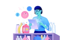 An illustration of a person using a tablet with products on a table