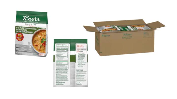 Product images showing Knorr Professional Soup du Jour Red Thai Style Curry Chicken with Rice Soup Mix.