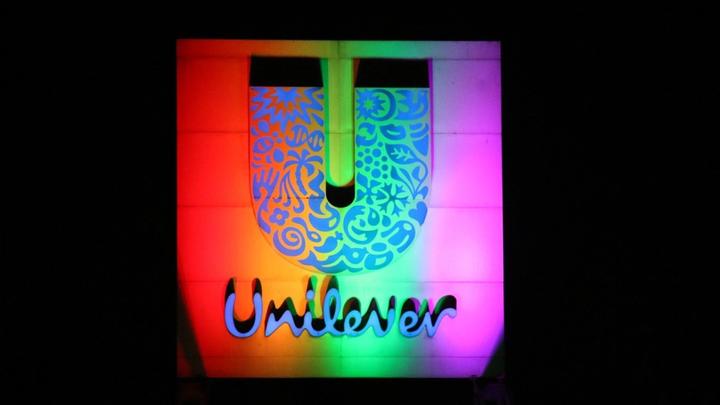 Unilever logo lit up in the Pride colours at Hindustan Unilever offices