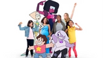 A group shot of children posing with characters from the animated TV series 'Steven Universe'