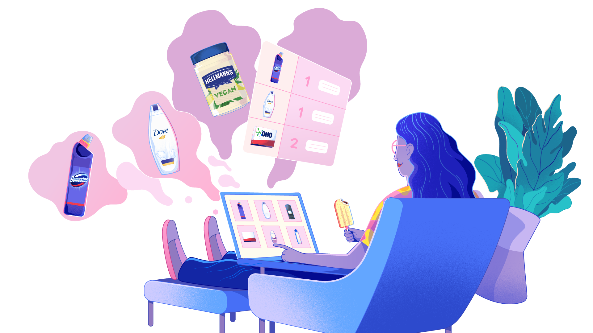 An illustration of a person looking at a laptop sitting on a chair