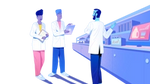 An illustration of three people having a conversation in a lab