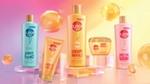 A range of different Sunsilk products with a brightly coloured background.