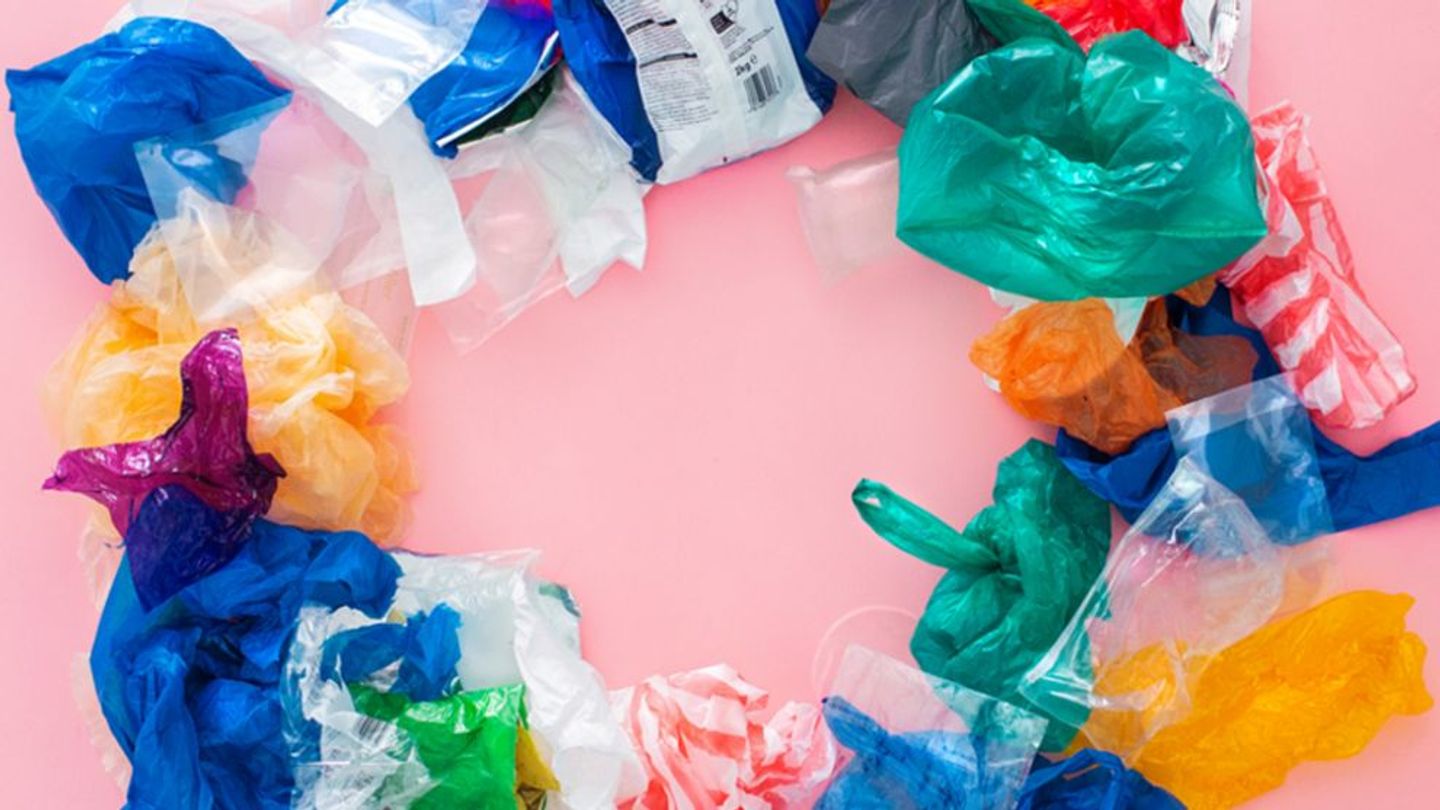 An image of flexible plastics laid out to create a circle, representing the circular economy. 
