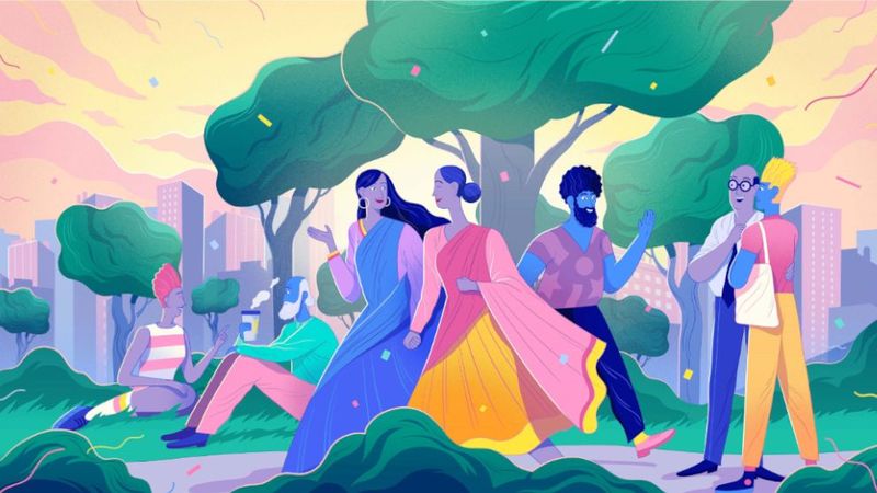 Colorful illustration of people in a park. They are walking and picnicking.