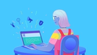 Girl on laptop blue background