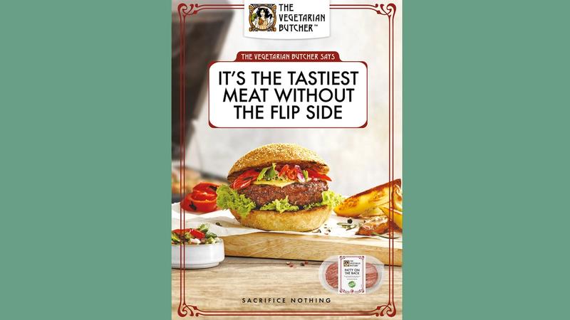 A vegetarian burger from The Vegetarian Butcher on a serving board poster