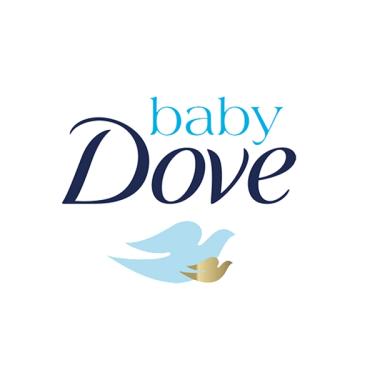Baby Dove is written on two lines, in light and dark blue colors. There are two doves underneath them, the bigger one in light blue and the smaller one in gold.