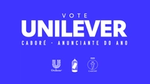 Identidade visual da campanha Unilener no Caboré 2023 escrito em branco, com a cor azul de fundo e os logos Unilever, Meio & Mensagem e do Prêmio Caboré.