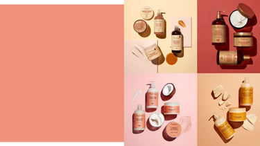 A square divided into four segments, each with different Shea Moisture products in, against a pink background