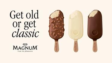 Three magnum ice creams + “get old or get classic” + “magnum true to pleasure”