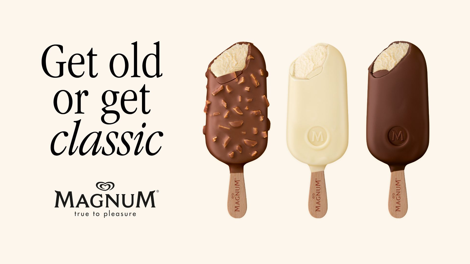 Three magnum ice creams + “get old or get classic” + “magnum true to pleasure”