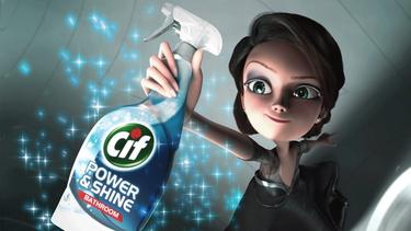 An illustration of a woman holding a Cif Power & Shine cleaning product