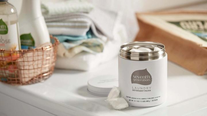 Seventh Generation’s ‘zero plastic’ laundry tablets, packaged in a stainless-steel canister.