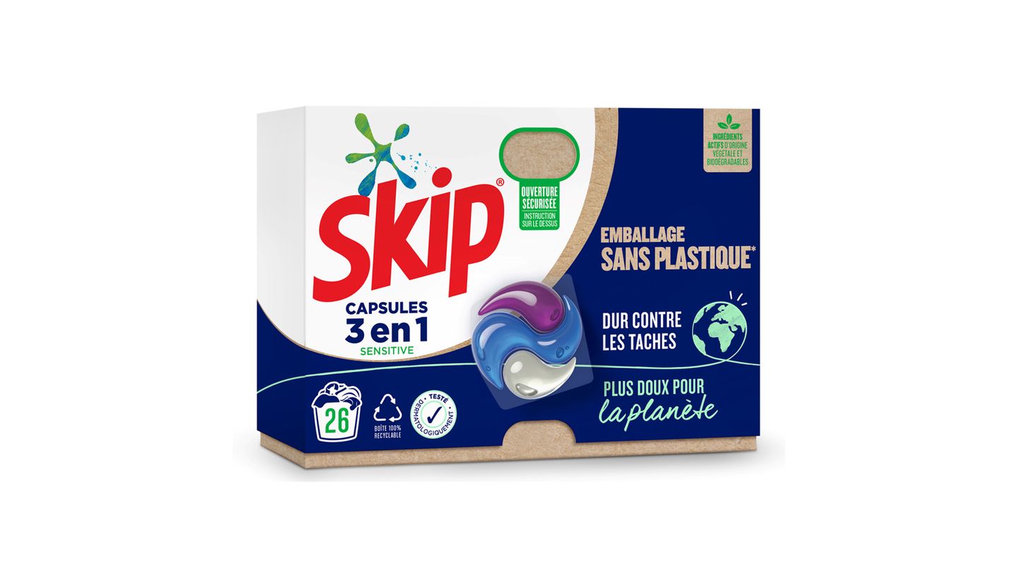 A cardboard box containing skip washing capsules