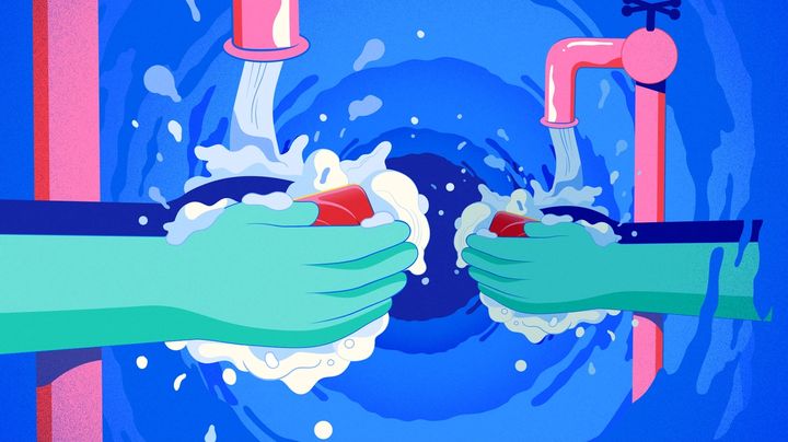 An illustration of two people washing their hands with Lifebuoy soap