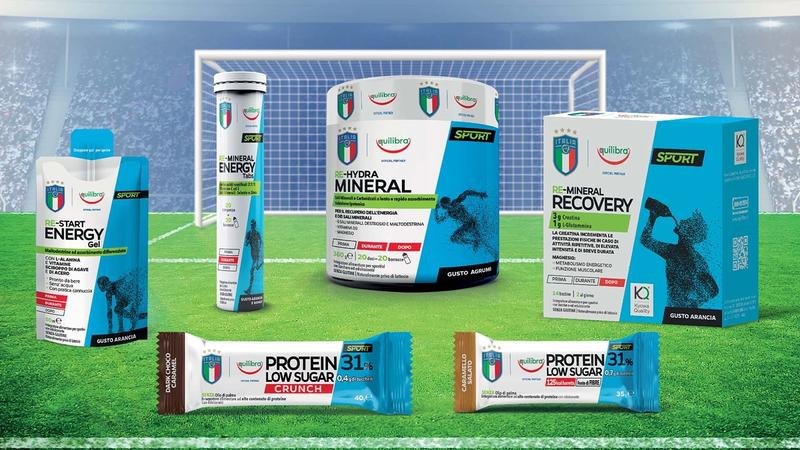 Display of a wide range of Equilibra products promoting football performance and the European champions, Italy