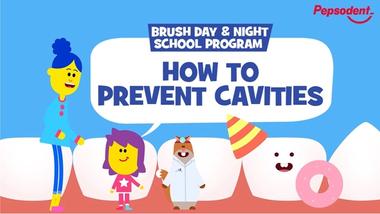 Graphic of four cartoon characters learning how to prevent cavities