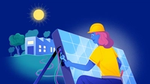 Colourful illustration of someone looking at the electric panel on a solar panel in front of a house