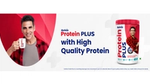 A tub of Horlicks Protein Plus, with an image of a man drinking a cup of the Protein Plus, along with the text ‘Horlicks Protein Plus with high quality protein’