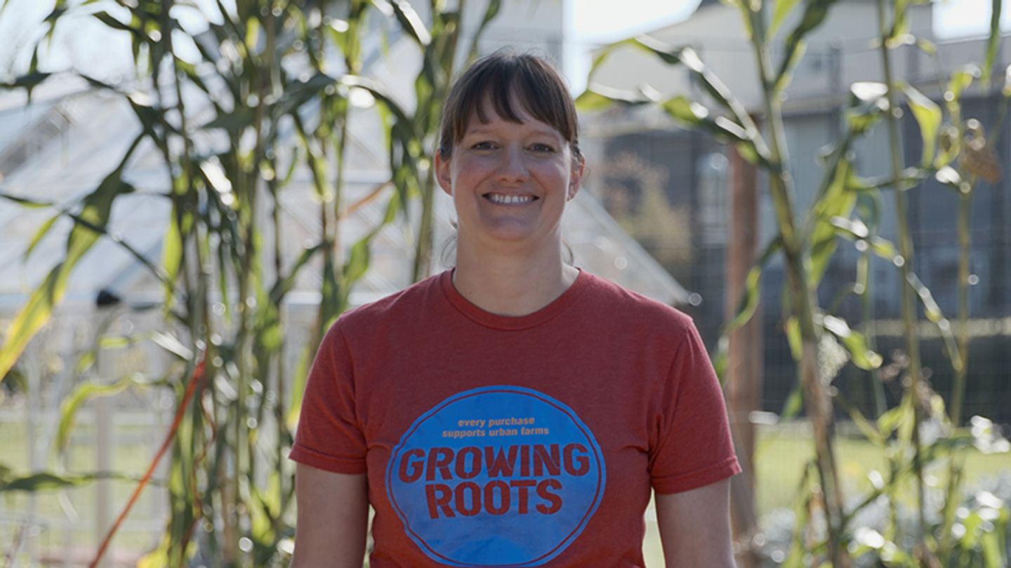 Tracy with "growing roots" t-shirt