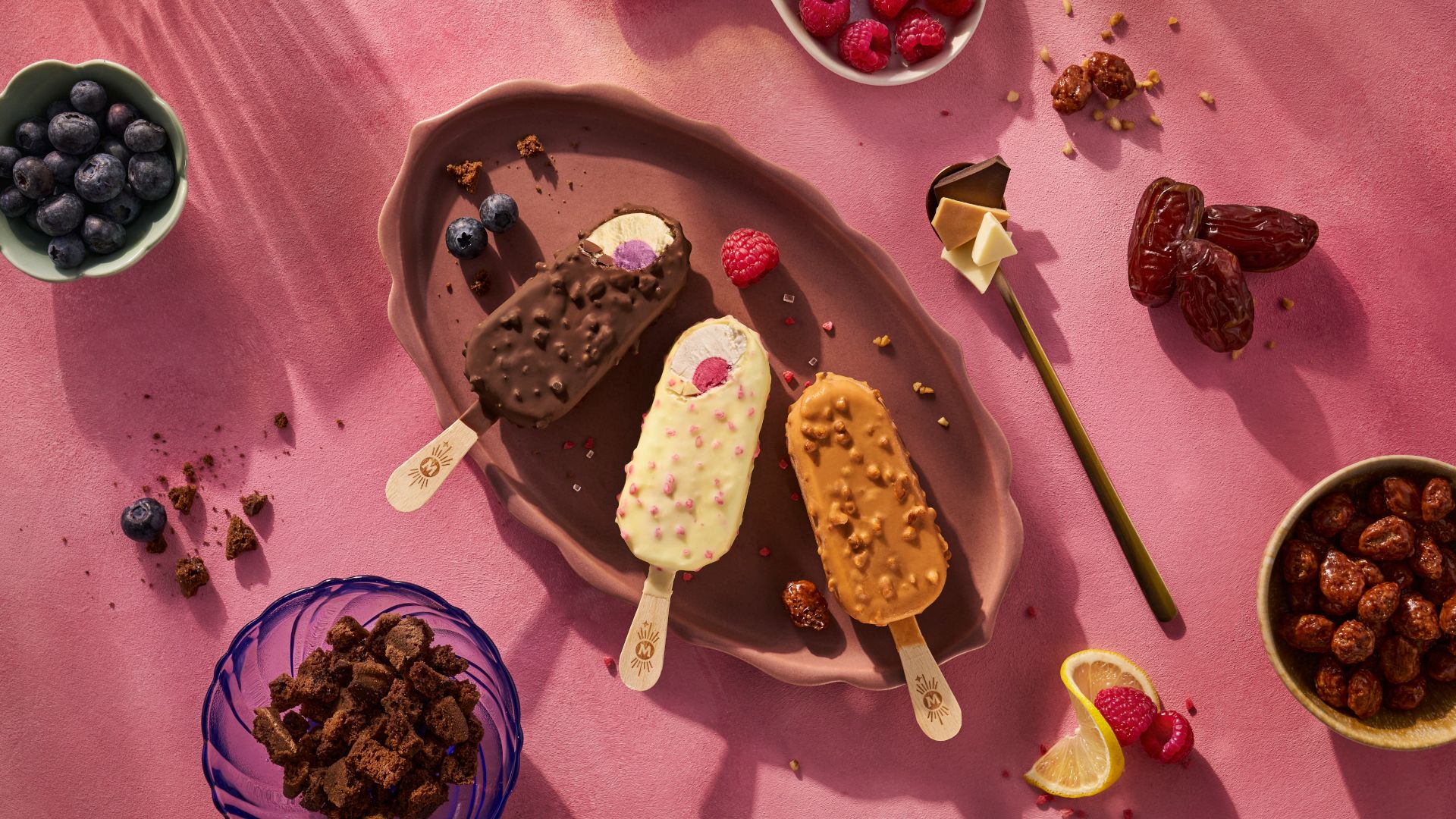 Magnum’s new mood-inspired ice cream flavours - Chill, Euphoria and Wonder - unwrapped on a serving dish and ready to eat.