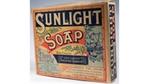 a vintage square bar of Sunlight soap in brown paper, branded packaging