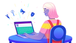 illustration of a young woman sitting at a desk with a laptop