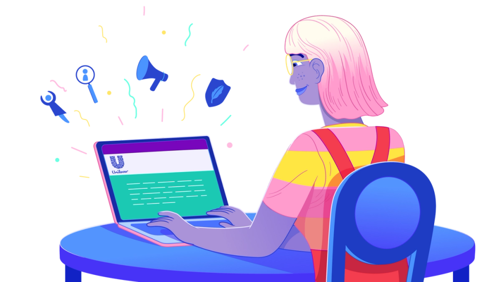 illustration of a young woman sitting at a desk with a laptop