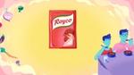 Ilustrasi produk Royco rasa ayam dengan sayur-sayuran yang melayang-layang dan juga seorang ayah dan anak yang sedang menyantap makanannya